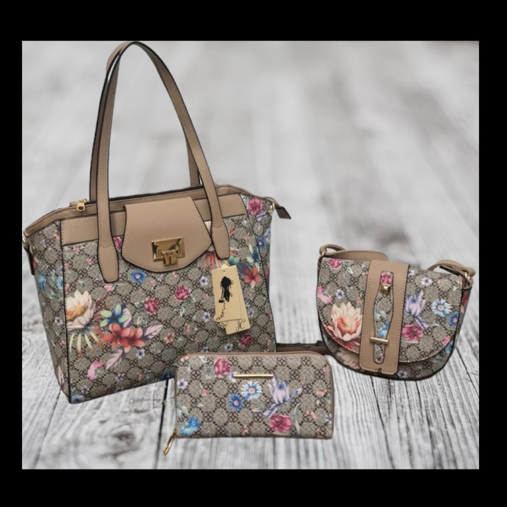 🆕 Bundle Large Faux Leather Beautiful Floral Print Tote, Crossbody & Wallet